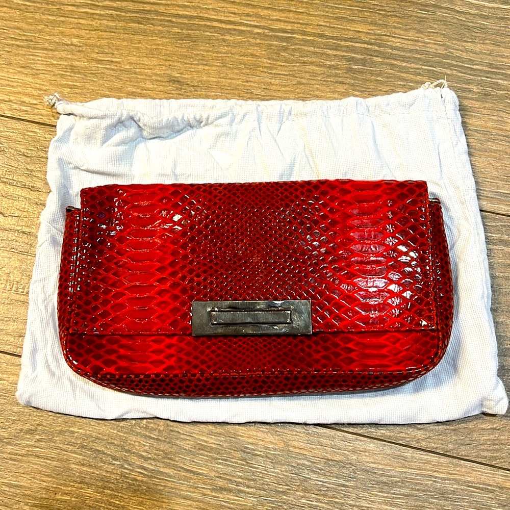 Stuart Weitzman Red snake-skin shoulder bag with chain detail